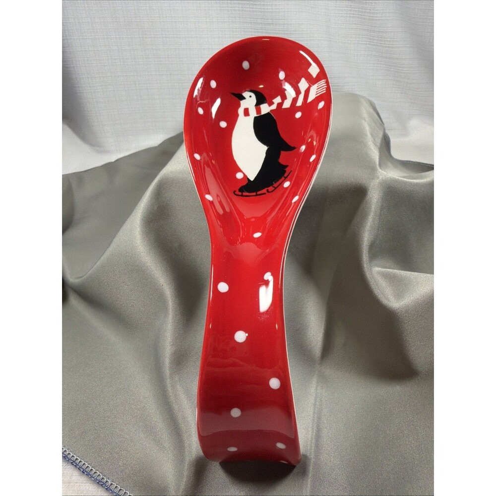 Spectrum Designz Penguin Spoon Rest Holiday Red White Polka Dot Ceramic IceSkate